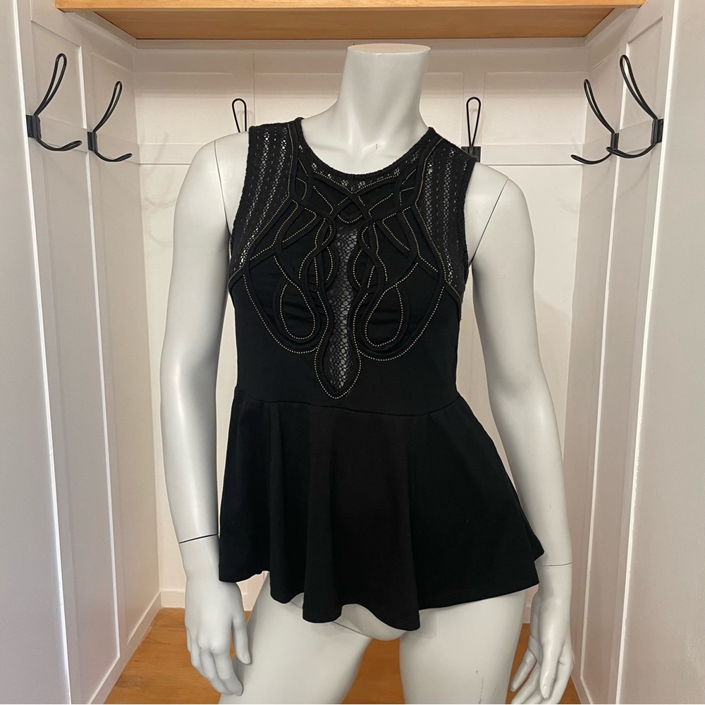 Free People Black Lace Embellished Peplum Top